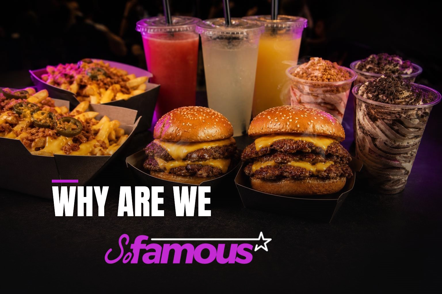 Why are we: A fresh takeaway spread on a clean table with burger boxes, loaded fries, cold drinks and